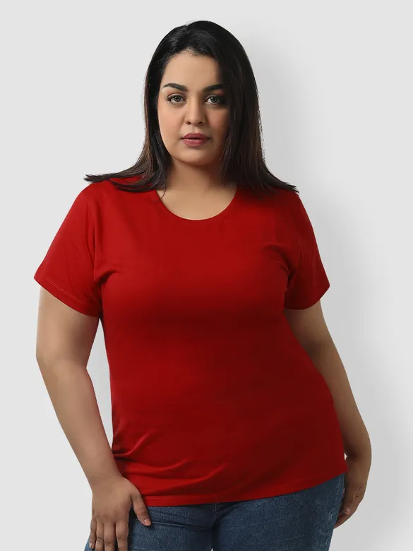 Plain Fiery Red Womens Plus Size T-shirt