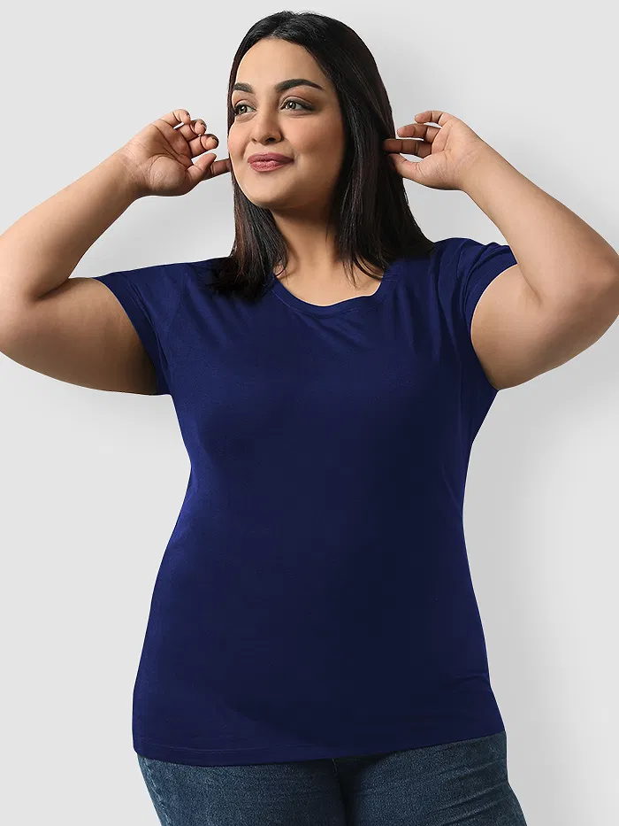 Plain Navy Blue Womens Plus Size T-shirt