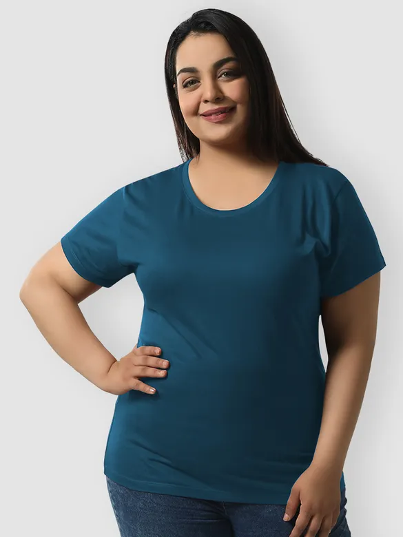 Plain Teal Blue Women's Plus Size T-shirt, 
